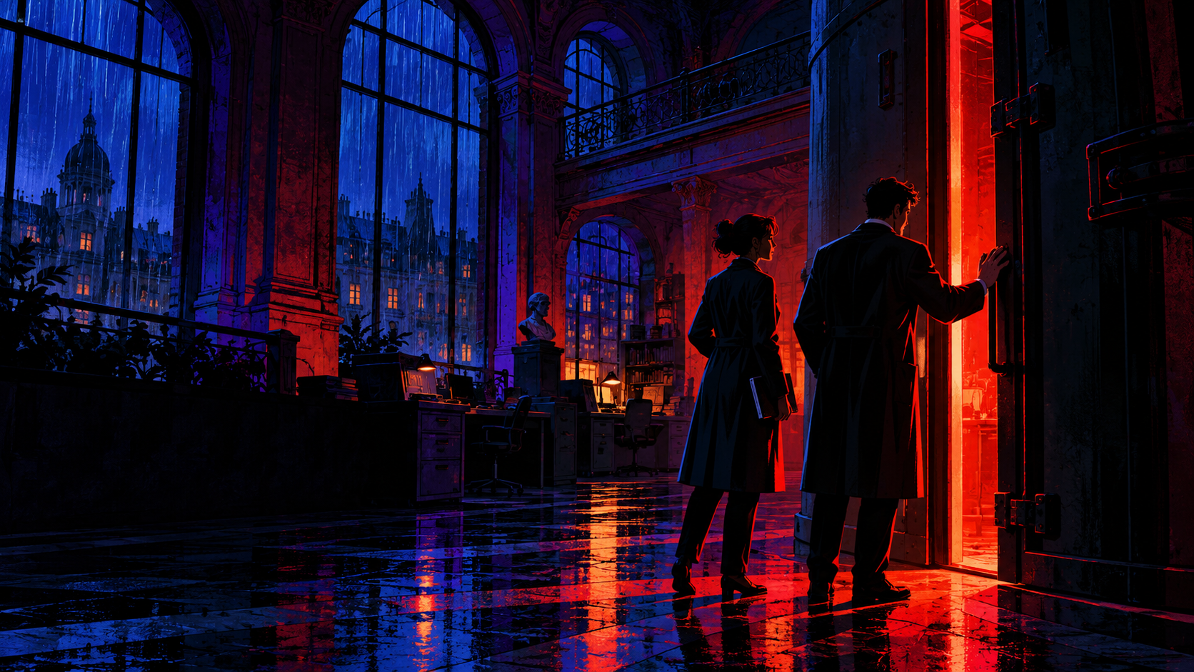 Deux silhouettes face à une porte rouge dans un laboratoire nocturne